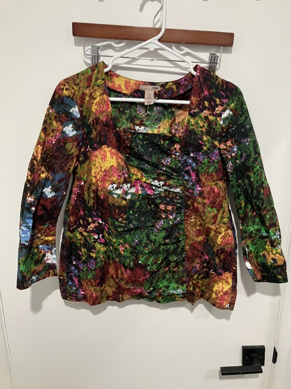 H&M Abstract Multicolor Watercolor Square Neck Blouse 3/4 Sleeve Size 10